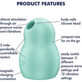 The Satisfyer Pro To Go 1 Air Pulse Clitoral Stimulator - Mint by Satisfyer is a compact silicone massage device designed for clitoral stimulation. It offers 11 air pressure wave settings and two controllable motors for personalized experiences, as well as magnetic charging and 12 vibration options, making it perfect for travel.